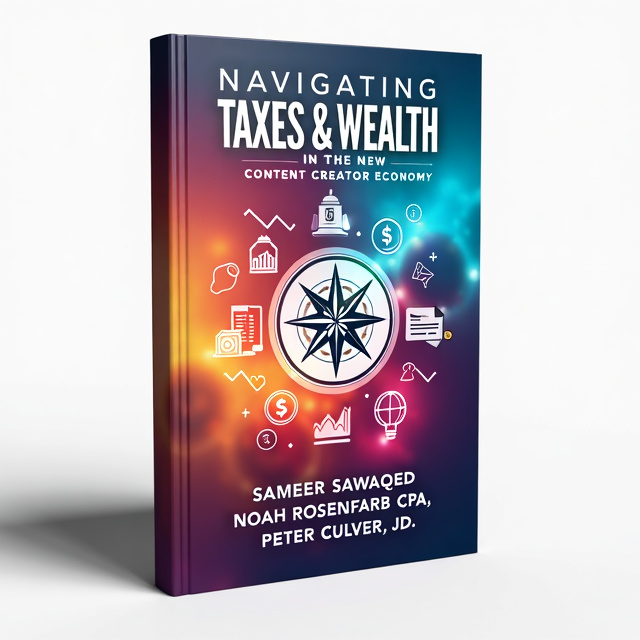The cover features a vibrant and dynamic background with a blend of colors representing the energy and creativity of the content creator economy. In the center, there is a stylized illustration of a compass, symbolizing navigation and direction. Surrounding the compass are various icons representing taxes and wealth, such as dollar signs, tax forms, and a graph.