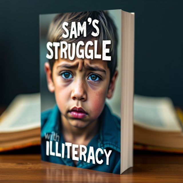 The cover features a close-up image of a young person's face, with a sad expression. The image is slightly blurred to convey a sense of struggle and vulnerability. In the background, there is a faint illustration of an open book, symbolizing the theme of illiteracy.