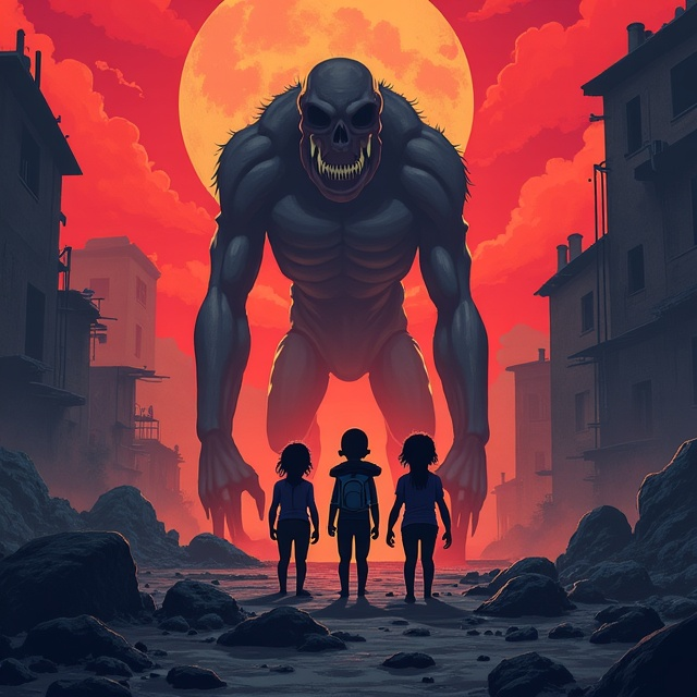 The cover features a dark and desolate landscape with crumbling buildings and an ominous red sky. In the foreground, there are three young children huddled together, their faces filled with fear and determination. Towering over them are monstrous creatures, their sharp teeth and claws visible. The monsters cast long shadows, adding to the overall sense of suspense and danger.