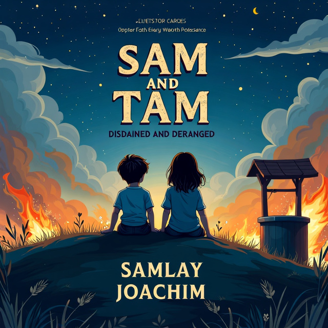 The cover depicts a night sky with scattered clouds, illuminated by the moon and stars. In the foreground, two children (a boy and a girl) are sitting on top of a hill, looking down at their burning orphanage. On the right side, there is a well. The illustration appears zoomed out to capture the vastness of the scene.
