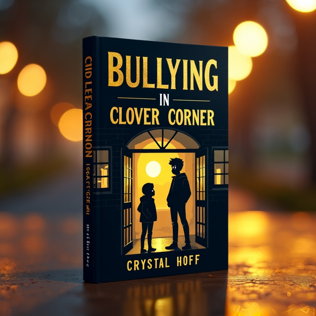 A somber illustration of Fray and Frank standing outside of Clover Corner High School, with Fray looking sad and Frank looking defiant. The background is in black and gold, representing the seriousness of the subject matter and the importance of friendship in overcoming bullying.