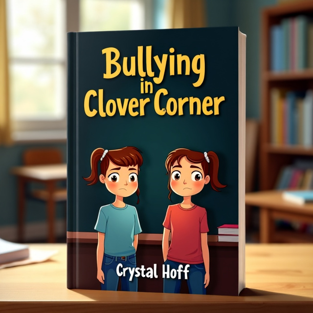 The cover features an illustration of Fay and Frank, the eighteen-year-old twins, standing in front of the class in Mr. Klimo's classroom. They are depicted with sad expressions, reflecting the theme of bullying. The background is black, symbolizing the darkness and negative impact of bullying. The title "Bullying in Clover Corner" is written in bold gold letters at the top, while the author's name, Crystal Hoff, is placed at the bottom in a smaller font.