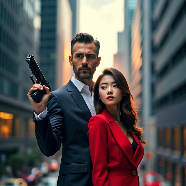 The cover features a close-up of a stern-faced Caucasian male with a gun in his hand, standing alongside a beautiful Asian woman with a soft expression. They are positioned against the backdrop of towering city skyscrapers, creating a sense of urban and contemporary setting.