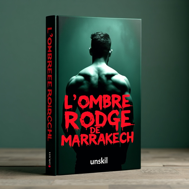 A dark green book cover with the title "The Red Shadow of Marrakech" in bold, red, and slightly distorted font. The background of the book is black with a subtle texture. In the center, a shadowy figure of a muscular man is seen from behind, with his head in profile, partially covered in shadow. The man exudes charisma and mystery, creating an evil and suspenseful atmosphere.