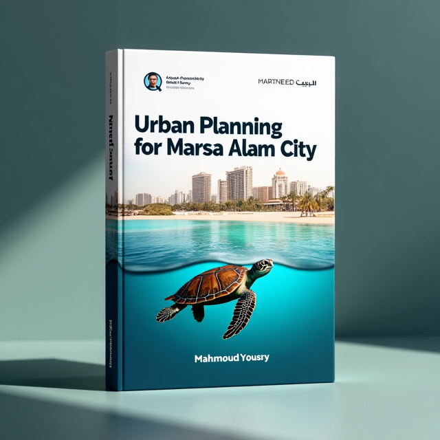 A panoramic view of Marsa Alam City, with its urban skyline in the background and the sea in the foreground. A sea turtle swimming gracefully in the water, representing the vibrant marine life of the city.