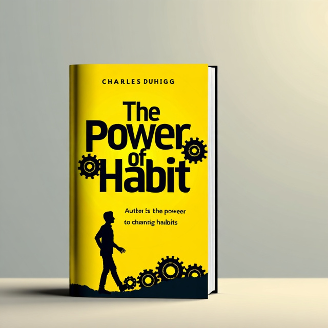 The cover features a vibrant yellow background with a range of interconnected gears representing the concept of habits. In the foreground, a silhouette of a person is shown, turning from one side to another, symbolizing the power to change habits.