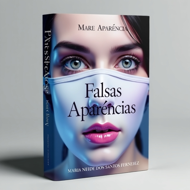 The cover features a close-up photograph of a person's face, with their eyes looking directly at the viewer. The image has a soft and serene color palette, with hints of blue and purple, representing self-reflection and authenticity. The person's face is partially covered by a translucent mask, symbolizing the theme of "falsas aparências" (false appearances). The mask is slowly fading away, revealing the true identity beneath.