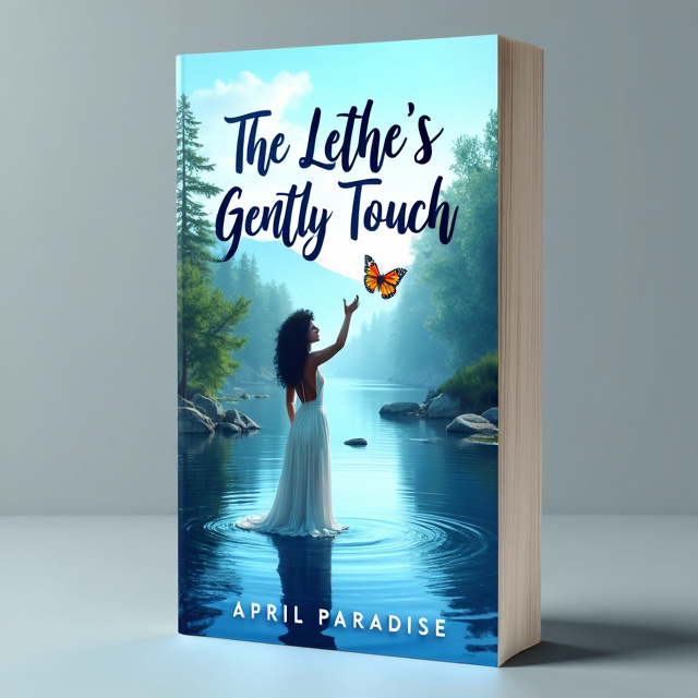 A serene blue river flowing through the center of the cover with a woman in a white dress standing on its banks. The woman has long, black curly hair and is gently releasing a butterfly into the air. A blonde man is standing beside her, looking at her with adoration.