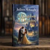 standing book mockup, Its title is "A Kingdom of Dreams". Its author name is Judith McNaught.  The cover features a knight and a lady standing near a majestic castle, illuminated by the soft glow of moonlight. The knight is dressed in shining armor, while the lady wears a elegant gown. They share a secretive glance, hinting at the passion and intrigue within the story. The title "A Kingdom of Dreams" is displayed in a bold, elegant font, with a touch of medieval flair. The author's name, Judith McNaught, is written in a smaller, more delicate font, to maintain the focus on the title., The knight and lady are placed in the foreground, with the castle towering behind them. The title and author's name are positioned at the top and bottom of the cover respectively, ensuring readability without obstructing the main visual elements.