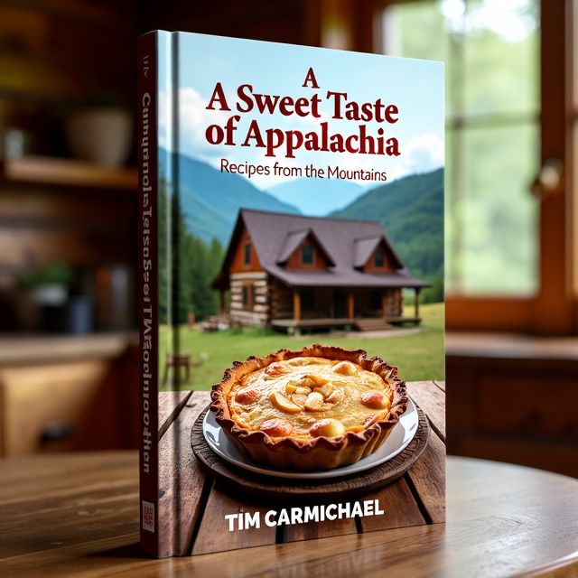 The cover includes an overlay image of a rustic cabin in the mountains, with a wooden table in the foreground. A beautifully baked apple pie is placed on the table, providing a delicious and inviting element to the scene.