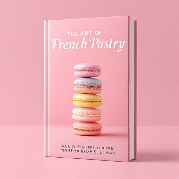 A central image of a stack of colorful macarons against a pastel pink background. The title "The Art of French Pastry" is positioned above the image in an elegant serif font, with the authors' names below the image in a smaller font size.