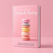 standing book mockup, Its title is "The Art of French Pastry". Its author name is Jacquy Pfeiffer, Martha Rose Shulman.  A central image of a stack of colorful macarons against a pastel pink background. The title "The Art of French Pastry" is positioned above the image in an elegant serif font, with the authors' names below the image in a smaller font size. The title is written in a delicate serif font, emphasizing the elegance of French pastry. The authors' names are written in a simpler sans-serif font to provide contrast., The central image of the macarons takes up most of the cover space, with the title and authors' names positioned strategically to not overshadow the image.