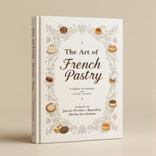 standing book mockup, Its title is "The Art of French Pastry". Its author name is Jacquy Pfeiffer, Martha Rose Shulman.  The cover features a cream background with an intricate lace border framing the title "The Art of French Pastry" in a vintage-style font. Small vintage illustrations of pastries are scattered within the border, giving a sense of warmth and tradition. The title is displayed in a decorative yet legible script font, with the author names displayed in a smaller, elegant serif font., The lace border frames the title and illustrations, with the author names placed below the title in a centered alignment.