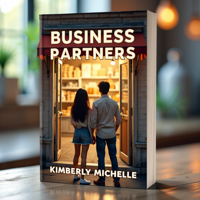 The cover features a cute, prideful scene of two people standing side by side, facing a run-down hole-in-the-wall shop. Only their backs are shown, with the girl having tan skin and dark hair, and the man being a white man with light brown hair.