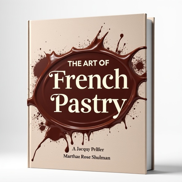 The cover features a dynamic splash of rich brown chocolate that spreads across the entire cover. The chocolate is drizzled in an artistic and playful manner, creating an indulgent and joyful feeling. The title of the book, "The Art of French Pastry," is displayed prominently in bold, elegant fonts, with each word arranged in a unique and visually appealing way.