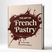 standing book mockup, Its title is "The Art of French Pastry". Its author name is Jacquy Pfeiffer, Martha Rose Shulman.  The cover features a dynamic splash of rich brown chocolate that spreads across the entire cover. The chocolate is drizzled in an artistic and playful manner, creating an indulgent and joyful feeling. The title of the book, "The Art of French Pastry," is displayed prominently in bold, elegant fonts, with each word arranged in a unique and visually appealing way. The title is showcased in a combination of serif and script fonts. "The Art of" is written in a sophisticated serif font, while "French Pastry" is written in a flowing script font, adding a touch of elegance and femininity to the design., The title is placed at the center of the cover, with "The Art of" positioned above "French Pastry" in a diagonal manner. The chocolate drizzle flows around the title, emphasizing its importance. The author names, Jacquy Pfeiffer and Martha Rose Shulman, are displayed at the bottom of the cover in a smaller, simple font.