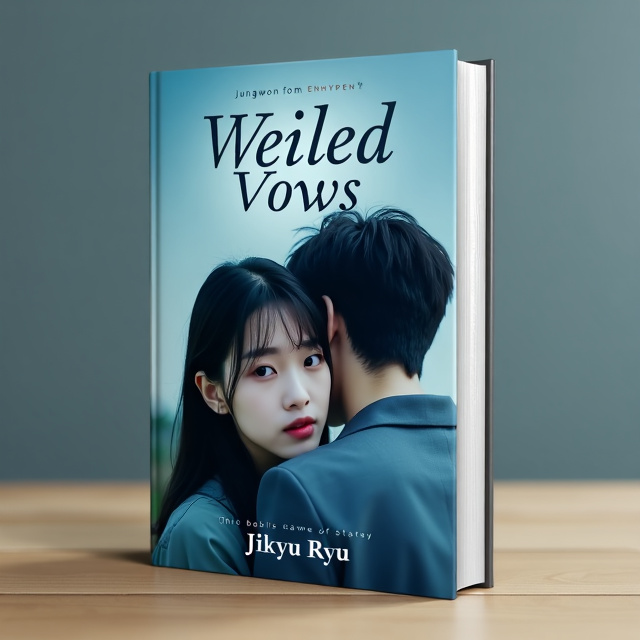 The cover features a close-up shot of Ju Jingyi, representing the female lead, with a somber expression. Jungwon from ENHYPEN is depicted hugging her from the back, conveying a sense of sadness and longing. The background is a soft blue color, adding a touch of romance to the overall composition.