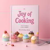 standing book mockup, Its title is "Joy of Cooking". Its author name is Irma S. Rombauer, Marion Rombauer Becker.  A whimsical scene with a table filled with colorful cupcakes and a whisk, set against a pastel pink backdrop. Cupcakes of different flavors and toppings are arranged in a pleasing manner, with the whisk placed next to them as a symbol of the joy of baking. The book title, "Joy of Cooking," is written in a playful and elegant font, with the word "Joy" in a vibrant pastel pink color and "Cooking" in a contrasting color. The author names are placed at the bottom in a smaller, but still legible, font., The visual elements are centered on the cover, with the cupcakes and whisk forming a focal point. The title and author names are placed at the top and bottom respectively, ensuring easy readability.
