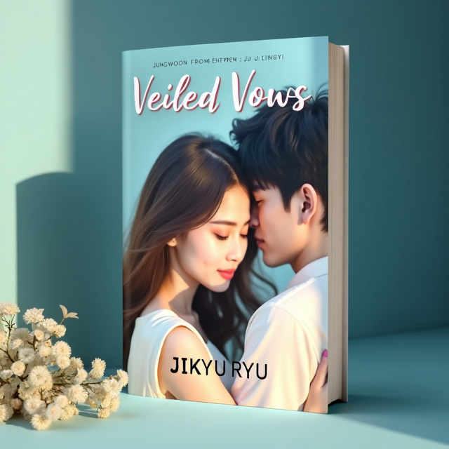 The cover features a close-up of Jungwon from Enhypen embracing Ju Jingyi, with both of their faces visible. The background is a soft blue color, with a hint of beige, representing the romance genre and adding a touch of melodramatic ambiance to the scene.