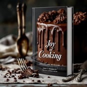 standing book mockup, Its title is "Joy of Cooking". Its author name is Irma S. Rombauer, Marion Rombauer Becker.  A close-up photograph of a decadent chocolate cake with rich brown drips of chocolate cascading down the sides. Vintage silverware, including a fork and spoon, are placed beside the cake to convey a sense of nostalgia and warmth. A combination of elegant script font for the book title "Joy of Cooking" and a classic serif font for the author names "Irma S. Rombauer, Marion Rombauer Becker."., The photograph of the chocolate cake is placed prominently in the center of the cover, with the silverware positioned artistically on one side. The title and author names are positioned below the image, aligned to the left.