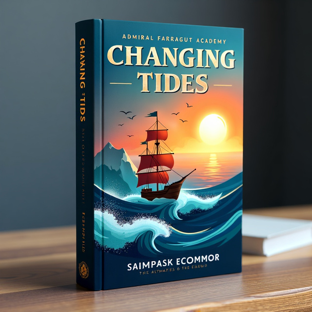 The cover features a stylized ship sailing towards the horizon, symbolizing progress and transition. The ship is surrounded by swirling waves that transition from stormy to calm, capturing the theme of change and transformation. In the distance, a rising sun casts warm, golden hues over the scene, representing new beginnings and optimism. The academy's crest is subtly integrated into the design near the bottom.