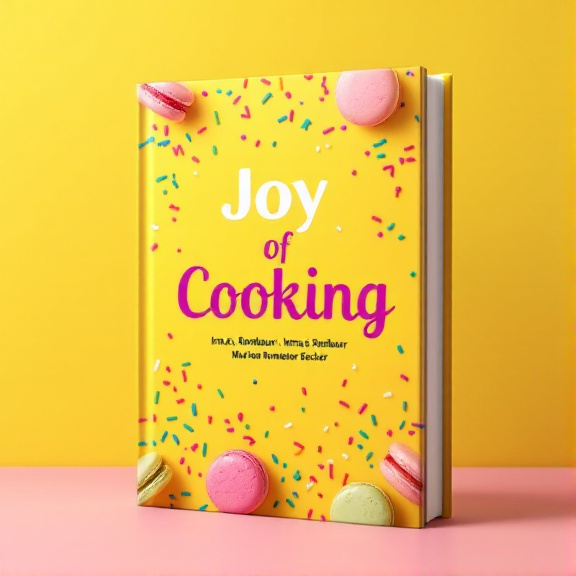 standing book mockup, Its title is "Joy of Cooking". Its author name is Irma S. Rombauer, Marion Rombauer Becker.  A vibrant yellow background with scattered colorful macarons and sprinkles. The macarons are arranged in a playful, diagonal formation, creating a sense of movement and excitement. Bold and whimsical fonts are used for the book title "Joy of Cooking", with the author names displayed in a more elegant, script font. The typography is placed at the top and bottom of the cover, allowing the eye to easily read the title., The macarons and sprinkles cover the majority of the background, with the title and author names placed strategically to ensure readability. The elements are balanced and spaced out to create a visually appealing composition.