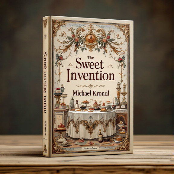 standing book mockup, Its title is "Sweet Invention". Its author name is Michael Krondl.  The cover features a vintage illustration of a dessert table, showcasing various intricate and beautifully presented desserts. The table is adorned with historical motifs and patterns, adding an elegant touch to the scene. The title "Sweet Invention" is displayed centrally, with a large, ornate font that complements the vintage theme. The author's name, Michael Krondl, is placed below the title in a more simplistic yet elegant font., The dessert table illustration takes up the majority of the cover, with the title and author name positioned at the center. The overall layout is clean and balanced, drawing attention to the delicious desserts while still highlighting the book's title and author.