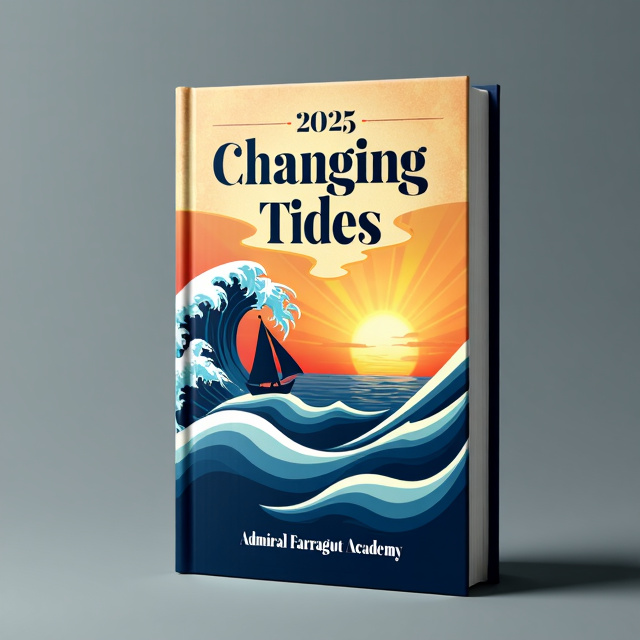 The cover features a stylized depiction of a ship sailing towards the horizon, symbolizing progress and journey. In the background, dynamic waves transition from stormy to calm, reflecting the theme of change and transformation. A rising sun in warm, golden hues adds a sense of inspiration and new beginnings. The title "Changing Tides" is prominently displayed in a bold, elegant font against the background, with the academy's name in a smaller complementary font at the bottom.