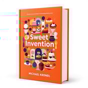 standing book mockup, Its title is "Sweet Invention". Its author name is Michael Krondl.  A vibrant orange background with a modern art-inspired dessert collage in the center. The collage features abstract shapes and vibrant colors, showcasing a variety of contemporary desserts. The book title "Sweet Invention" is displayed in bold and dynamic typography, centered below the collage. The author's name, "Michael Krondl," is placed in a clean and elegant font at the bottom of the cover., The title is the focal point, centered and large, with the dessert collage surrounding it. The author's name is placed at the bottom, ensuring it's visible but not overpowering the main elements.