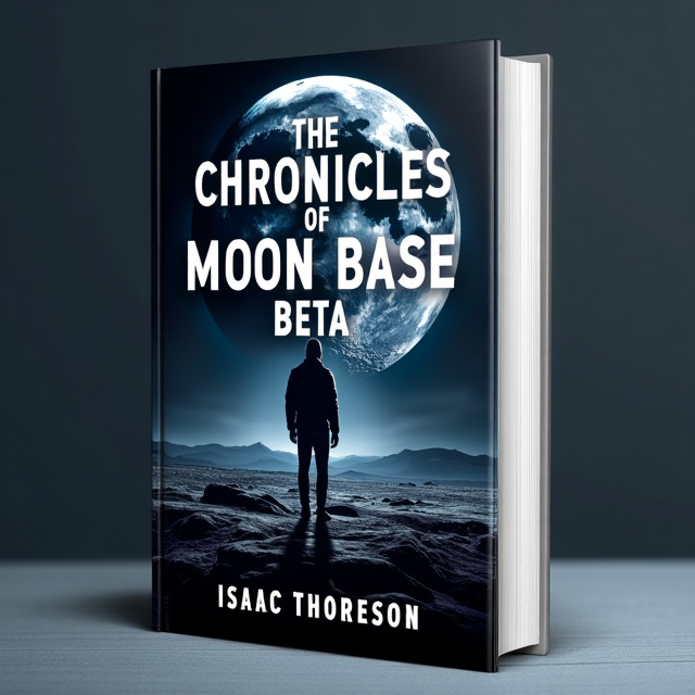 The cover features a striking image of a moon base with a mysterious shadowy figure in the foreground. The moon is prominently displayed in the background, with its crater-filled surface and a hint of futuristic architecture. The color palette is dark and moody, creating a sense of intrigue and suspense.
