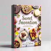 standing book mockup, Its title is "Sweet Invention". Its author name is Michael Krondl.  A panoramic view of desserts from various cultures, with a focus on their colors and textures. The desserts are arranged in a way that creates a sense of richness and abundance. An elegant script font for the title "Sweet Invention" placed on top of the panoramic view. The author's name, Michael Krondl, is displayed in a clean and modern font at the bottom of the cover., The panoramic view of desserts is the main visual element, taking up the majority of the cover. The title and author's name are placed strategically to not obstruct the desserts but still be easily readable.
