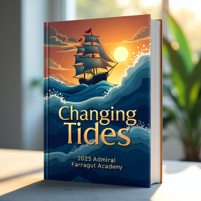 The cover features a stylized depiction of a ship sailing towards the horizon, symbolizing the journey and progress of Admiral Farragut Academy. The ship is set against a dynamic ocean backdrop, with swirling waves transitioning from stormy to calm, representing the theme of change and transformation. A rising sun in the distance adds a touch of inspiration and promise to the scene.