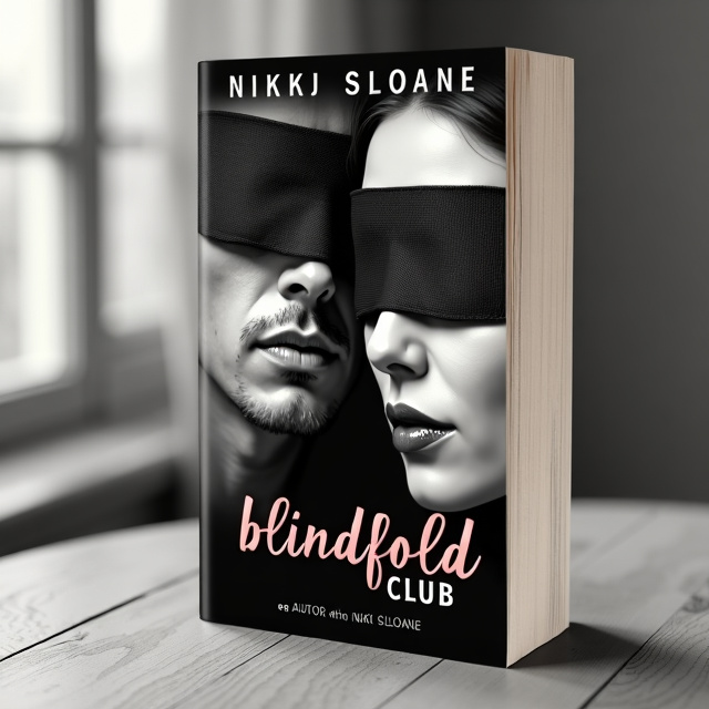 A close-up image of a man and a woman, their faces partially obscured by blindfolds. The image is in black and white, with the blindfolds being the only element in color, adding a touch of intrigue and sensuality.