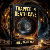 standing book mockup, Its title is "Trapped in Death Cave". Its author name is Bill Wallace.  The cover features a close-up view of twisting cave tunnels, with flickering torchlight illuminating ancient artifacts on the cave walls. The tunnel walls are rugged and textured, creating a sense of danger and mystery. The torchlight casts shadows and highlights, further enhancing the atmosphere of intrigue and tension. The book title "Trapped in Death Cave" is bold and dynamic, with a gritty font that adds to the adventure theme. The author name "Bill Wallace" is displayed in a more elegant and refined font, contrasting with the ruggedness of the cave imagery., The book title is placed at the top of the cover, spanning the width, while the author name is positioned at the bottom, also spanning the width. The imagery of the cave tunnels occupies the central portion of the cover, capturing the reader's attention.
