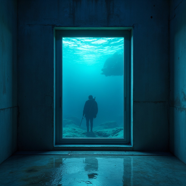 The cover features a dark blue background with a subtle gradient. In the center, there is a large glass window showcasing an underwater facility. The water outside the window is deep and mysterious, creating a sense of eeriness. A faint silhouette of a figure can be seen in the distance, giving the feeling that the protagonist is not alone.