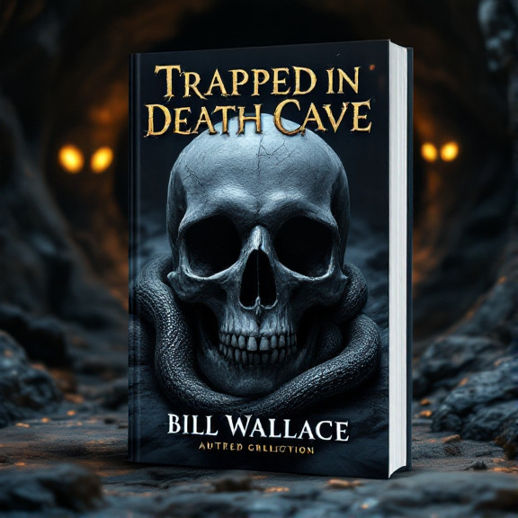 standing book mockup, Its title is "Trapped in Death Cave". Its author name is Bill Wallace.  A close-up of a dark grey skull with hollow eye sockets and a snake coiled around it. In the background, there is a hidden passage with dim lighting, revealing glowing yellow eyes peering out. The book title "Trapped in Death Cave" is written in bold, jagged fonts that resemble ancient carvings. The author's name, Bill Wallace, is written in a more refined and elegant font., The skull and snake are centered in the foreground, taking up most of the cover. The hidden passage with glowing eyes is placed slightly off-center in the background. The title and author's name are positioned at the top and bottom of the cover respectively.