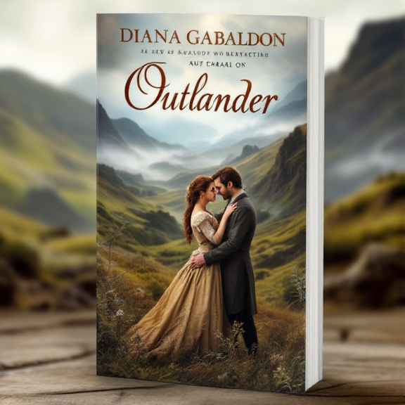 A couple in historical attire embracing amidst an ancient Scottish landscape, with misty hills in the background. The couple is positioned towards the center, with the landscape surrounding them.