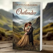 standing book mockup, Its title is "Outlander". Its author name is Diana Gabaldon.  A couple in historical attire embracing amidst an ancient Scottish landscape, with misty hills in the background. The couple is positioned towards the center, with the landscape surrounding them. Elegant and script-like font for the book title "Outlander" with a historical vibe. Author name "Diana Gabaldon" in a simpler, bold font placed below the title., Book title and author name placed at the top half of the cover, above the couple and landscape. The couple and landscape take up the bottom half of the cover.
