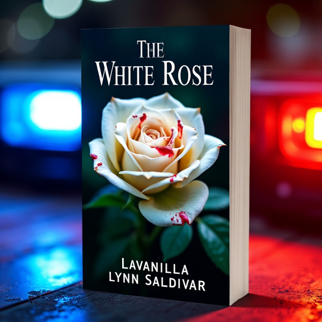 The cover features a close-up image of a white rose with droplets of blood on its petals. The background consists of flashing police lights, creating a sense of urgency and danger.