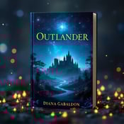 standing book mockup, Its title is "Outlander". Its author name is Diana Gabaldon.  The cover features a mystical ambiance with a silhouette of a castle in the distance. The foreground is filled with magical symbols, giving a sense of mystery and adventure. The night sky is enchantingly filled with stars, creating a captivating and dream-like atmosphere. The book title "Outlander" is written in an elegant and slightly whimsical font, with a touch of mystery. The author's name, Diana Gabaldon, is displayed in a more traditional and refined font, ensuring easy recognition and credibility., The title is placed at the top of the cover, centered, allowing it to stand out. The author's name is positioned at the bottom, also centered, to maintain balance. The visual elements are strategically arranged to draw the reader's attention from the title to the captivating scene and finally to the author's name.