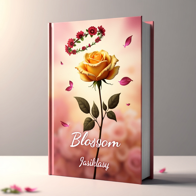The cover features a golden rose in full bloom, with delicate petals blowing in the wind. The rose is surrounded by a soft pink and white gradient, fading together to create a dreamy and romantic atmosphere. On top of the rose, there are flower crowns, adding a touch of whimsy to the design. The title, "Blossom Book 2," is elegantly written in a script font, placed just below the flower crowns.