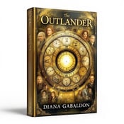 standing book mockup, Its title is "Outlander". Its author name is Diana Gabaldon.  The cover features a central time portal with clock faces surrounding it. Portraits of different eras fade into the background, symbolizing the journey through time. The colors are predominantly antique gold, giving the cover a rich and timeless feel. The book title "Outlander" is placed at the top of the cover in an elegant and slightly distressed serif font. The author name "Diana Gabaldon" is placed at the bottom in a bold and clean sans-serif font., The time portal is positioned in the center of the cover, with the clock faces and portraits arranged around it. The title and author name are positioned strategically to balance the composition.