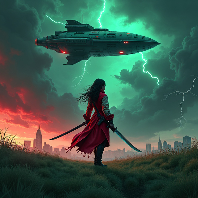 A dark crimson night sky fills the background, with storm clouds swirling and lightning illuminating the scene. In the foreground, a large grass plane stretches out, with a cityscape in the distance. An 18-year-old girl stands in the center, dressed in a red and white trench coat. She holds a katana and broadsword in her hands, ready for battle, with a glock 17 holstered on her coat. A green and blue mothership descends from the cloudline.