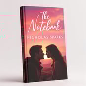 standing book mockup, Its title is "The Notebook". Its author name is Nicholas Sparks.  A close-up of a couple gazing into each other's eyes under a vibrant sunset sky. The couple is positioned in the foreground, with the distant rolling hills serving as a serene backdrop. The warm pink color palette adds a touch of passion to the scene. The book title "The Notebook" is written in flowing script font, complementing the emotional theme of the book. The author name, Nicholas Sparks, is displayed in a more understated serif font., The couple takes up the majority of the cover, with the book title positioned above them and the author name below. The title and author name are centered, creating a balanced composition.