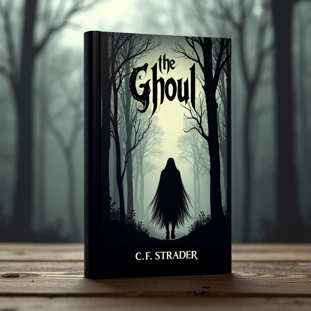 The cover features a minimalist design with a black background. In the center, there is a silhouette of a slender and long-haired man walking through a dead forest. The image captures the moody and brooding atmosphere of the horror genre.