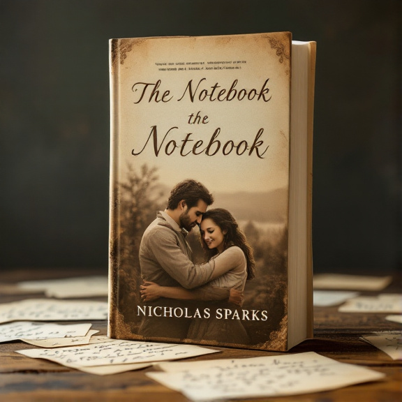 standing book mockup, Its title is "The Notebook". Its author name is Nicholas Sparks.  The cover features a sepia-toned vintage photograph of a couple, placed slightly off-center on a wooden table. Surrounding the photograph are handwritten love letters, scattered in a haphazard yet deliberate way. The overall style is nostalgic and evokes a sense of timeless love and longing. The title, "The Notebook," is written in a soft cursive font, subtly blending into the background. The author's name, Nicholas Sparks, is displayed in a simpler, more elegant font at the bottom of the cover., The photograph and love letters take up the majority of the cover, with the title and author's name placed strategically to not overpower the main visual elements.