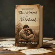 standing book mockup, Its title is "The Notebook". Its author name is Nicholas Sparks.  The cover features a sepia-toned vintage photograph of a couple, placed slightly off-center on a wooden table. Surrounding the photograph are handwritten love letters, scattered in a haphazard yet deliberate way. The overall style is nostalgic and evokes a sense of timeless love and longing. The title, "The Notebook," is written in a soft cursive font, subtly blending into the background. The author's name, Nicholas Sparks, is displayed in a simpler, more elegant font at the bottom of the cover., The photograph and love letters take up the majority of the cover, with the title and author's name placed strategically to not overpower the main visual elements.