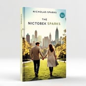 standing book mockup, Its title is "The Notebook". Its author name is Nicholas Sparks.  A couple holding hands and walking through a city park with an urban skyline in the background. The image is bright and vibrant, capturing the joy and anticipation of a contemporary romance. A modern clean font is used for the book title "The Notebook" and the author name "Nicholas Sparks". The fonts are bold and easy to read, adding a touch of sophistication to the design., The couple is placed in the center of the cover, with the urban skyline forming a backdrop behind them. The title and author name are positioned at the top and bottom of the cover, respectively, ensuring they stand out without distracting from the main image.