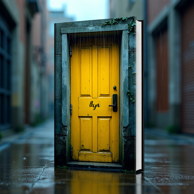 A closed yellow door is placed in the center of the cover, with rain falling down in the background. The door is hidden in a narrow alley, adding an element of mystery.