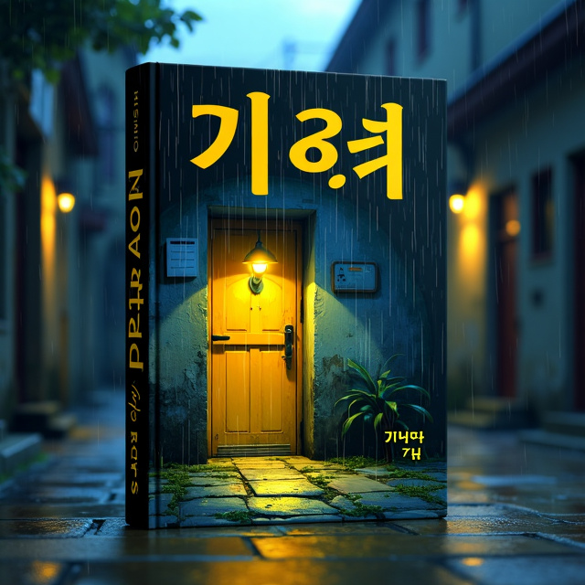 An illustrated scene of a simi dark narrow alley with a yellow metal door at the end. Rain is pouring down, creating a cozy and mysterious atmosphere.